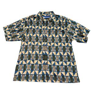 Island 2 Island L Tribal Geometric Print Button Down Shirt Textured Fabric Retro